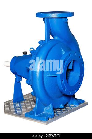 An industrial centrifugal high-pressure electric pump for cold water supply stands on a metal platform. Isolated on white background. Stock Photo