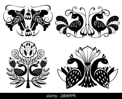 Illustration with birds and flowers in a Scandinavian style. Folk art. Stock Vector