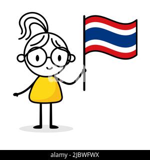 Woman holding flag of Thailand isolated on white background. Hand drawn doodle line art man. Concept of country. Vector stock illustration Stock Vector