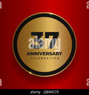 37 years anniversary celebration background. Celebrating 37th anniversary event party poster template. Vector golden circle with numbers and text on Stock Vector