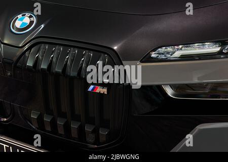 BMW 7 Series grille and headlights. Decorative Swarovski crystals are used in the headlamp. Two-color body. Poland, Katowice, 14.05.2022 Stock Photo
