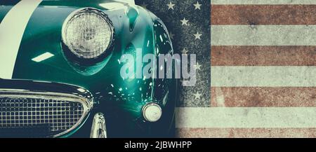 Front view of a vintage car with USA flag in background Stock Photo