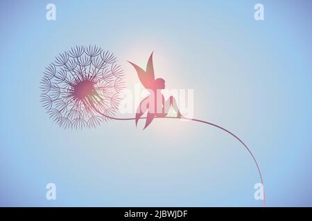 fairy sits on a dandelion silhouette sunny background Stock Vector