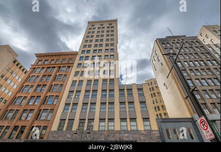 The tops of historic highrise buildings in Duluth Stock Photo