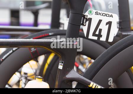 Close up of the name plate on the bike of cyclist Coryn Labecki of Team Jumbo-Visma Stock Photo