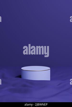 Dark blue 3D rendering minimal product display one luxury cylinder podium or stand on wavy textile product background wallpaper abstract composition w Stock Photo