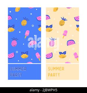 Two layouts for invitations and tickets for a summer party. Layout with summer pattern with fruits. Vector illustration Stock Vector