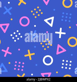 Geometric seamless pattern on blue background. Triangles, plus, circles in modern colors Stock Vector