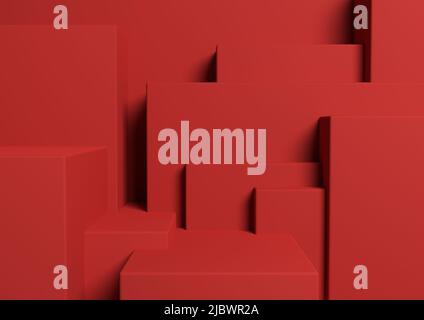 Bright maroon, dark red 3D rendering product display podium or stand simple, minimal, abstract, asymmetrical background or wallpaper for product photo Stock Photo
