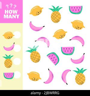 Counting game for preschool children. How many fruits in the picture. Banana, lemon, pineapple, watermelon. Simple flat isolated vector illustration. Stock Vector