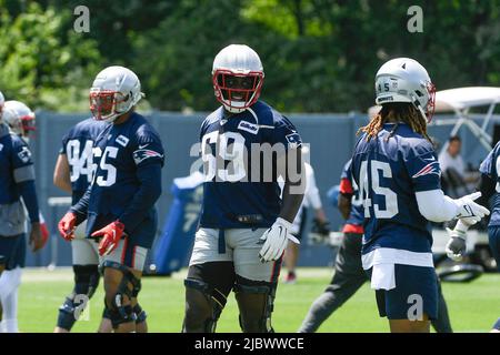 June 8, 2022; Foxborough, MA, USA; New England Patriots defensive lineman Sam  Roberts (59) warms up at the at the team's minicamp at Gillette Stadium.  Mandatory Credit: Eric Canha/CSM/Sipa USA(Credit Image: ©