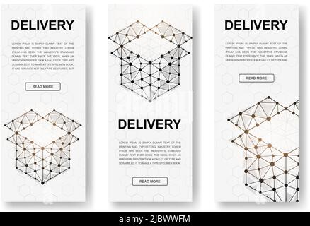 Set of three Open boxes polygonal vertical banners. 3d Giftbox low poly symbols with connected dots. Vertical illustration for homepage design. Stock Vector