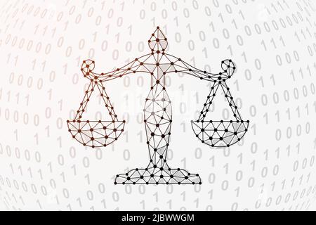 Scales 3d low poly symbol with binary code background. Justice design vector illustration. Law polygonal symbol with connected dots Stock Vector