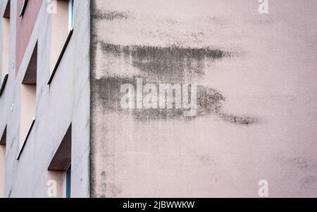 Black mould growing on wall of heat insulated flats building. It is common issue with polystyrene boards home insulation installed for some time Stock Photo