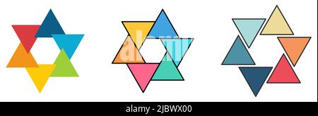 Regular or equilateral triangles arranged in circle, overlapping touching and separated version, can be used as infographics element Stock Vector
