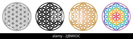 Flower of life geometric pattern ornament from overlapping circles. Outline black golden and rainbow version Stock Vector