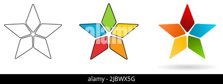 Five pointed star, spaces between slightly rounded segments. Black white and colour or 3d effect version Stock Vector