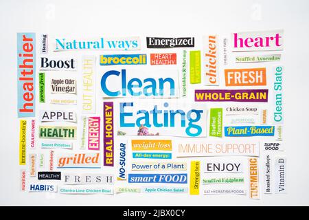 Clean eating food magazine cut out word cloud concept Stock Photo