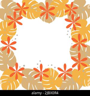 Square bright frame with hand drawn elements in trendy muted autumns golden shades such as flowers and exotic leaves monstera. Copyspase. Fashion print design. Great for wrapping paper, poster, postcard, greeting card, price tag, banner. Lifestyle. Stock Vector