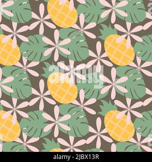 Seamless pattern with hand drawn summer elements in trendy muted colors such as flowers, pineapple, exotic leaves monstera. Background. Texture. Fashion print design. Template for wrapping paper, poster, postcard, greeting card, price tag, banner. Lifestyle. Stock Vector