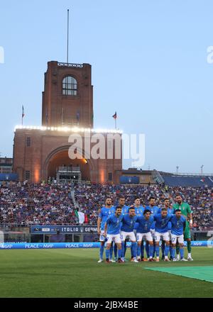 Cesena, Italy, 7th June 2022. The Italy starting eleven line up for a team photo with the iconic Marathon Tower pictured behind, back row ( L to R ); Bryan Cristante, Gianluca Scamacca, Alessandro Bastoni, Francesco Acerbi, Lorenzo Pellegrini and Gianluigi Donnarumma, front row ( L to R ); Alessandro Florenzi, Cristiano Biraghi, Sandro Tonali, Davide Frattesi and Matteo Politano, prior to kick off in the UEFA Nations League match at Stadio Dino Manuzzi, Cesena. Picture credit should read: Jonathan Moscrop / Sportimage Stock Photo