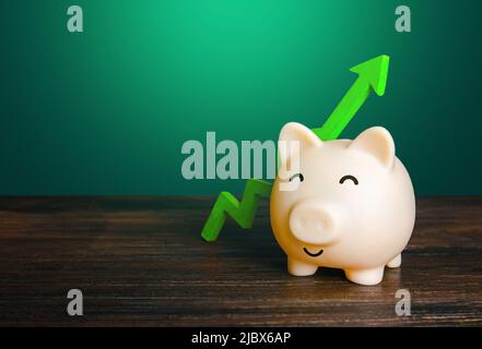 Satisfied pig bank and savings increase. Retirement savings, good deal. Profit. Capital growth. Deposit. Promotion at work. Rise in value, surplus, su Stock Photo