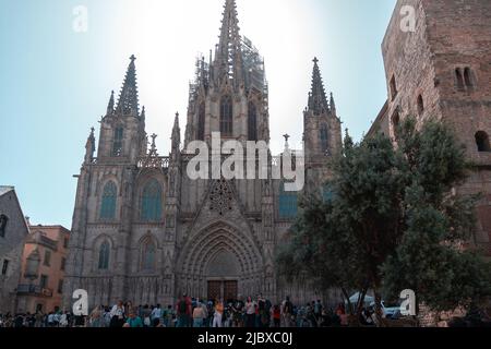 Barcelona, Spain - April 16, 2022 : Cathedral of the Holy Cross and Saint Eulalia also known as Barcelona Cathedral. Gothic church Stock Photo