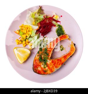 Grilled salmon steak with salad Stock Photo