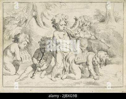 Five children playing music in a landscape. On the right a child is on hands and knees, on his back is a music book from which another child is singing. Behind him a child with conch shell on his right two children, one playing the recorder and the other holding a music book, Five musician children, print maker: Michiel Frans van der Voort, Antwerp, 1737 - 1777, paper, etching, h 110 mm × w 150 mm Stock Photo