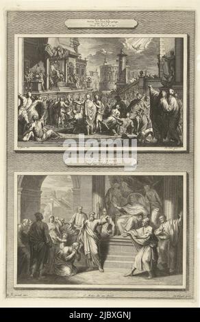 Two representations one above the other. The upper shows the death of Herod Agrippa: a crowd in the street watches in horror as an angel throws a lightning bolt at Herod, seated on his throne. The lower one shows Paul stretching out his arm towards Barjezus (Elymas), thus temporarily blinding him; from his throne Segius looks on Paul., The death of Herod Agrippa and Paul striking Barjezus with blindness Herod struck by an angel and Paul striking Elymas with blindheyd (title on object), print maker: Hendrik Elandt, (mentioned on object), intermediary draughtsman: Jan Goeree, (mentioned on Stock Photo