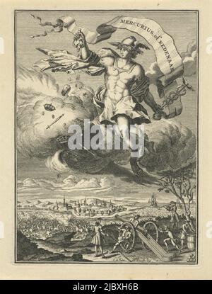 Title page of 'Mercury orator', with a hovering Mercury, spreading a torn bundle of money over the battlefield below him. In the background a fortified town and the sea., Title page of Mercury or orator, print maker: Coenraad de Putter, (mentioned on object), Netherlands, 1742, paper, etching, engraving, h 185 mm × w 137 mm Stock Photo