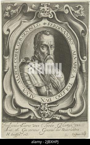 Portrait of Ferdinand Alvarez de Toledo, Duke of Alva (also called the Iron Duke) in a richly ornamented cartouche with a devil or satyr at the bottom of the head. Alva wears armor with a sash over it and a ribbon with the symbol of the Order of the Golden Fleece., Portrait of Ferdinand Alvarez de Toledo, Duke of Alva, print maker: Crispijn van den Queborn, (mentioned on object), publisher: Hans Jacobsen, (mentioned on object), The Hague, 1623, paper, engraving, h 249 mm × w 160 mm Stock Photo