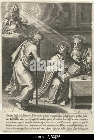 Thomas Aquinas is surprised in his study by Peter and Paul. He has a vision of Mary with the Child. Print from a series of 30 prints depicting the life story of Thomas Aquinas. The prints, designed and published by Otto van Veen, were created by C. Boel, E. van Paenderen, C. Galle and G. Swanenburgh, Thomas taught by Peter and Paul The life of St. Thomas Aquinas (series title), print maker: Cornelis Galle (I), (mentioned on object), intermediary draughtsman: Otto van Veen, publisher: Otto van Veen, print maker: Southern Netherlands, publisher: Antwerp, 1610, paper, engraving, h 208 mm × w 148 Stock Photo