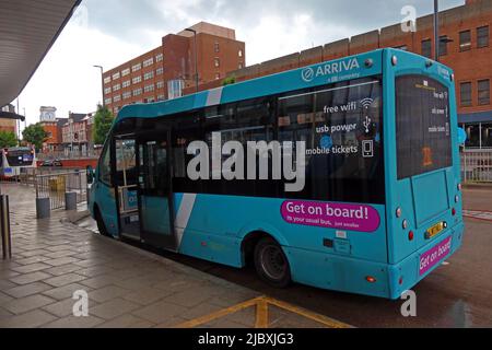 Arriva bus service 281, in Altrincham town centre transport interchange, Stamford New Road, Altrincham, Greater Manchester, England, UK, WA14 1EN Stock Photo