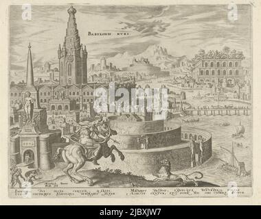 The walls of Babylon, built in circles. Back left a large building with tower. In the foreground Queen Semiramis as an Amazon on horseback. Armed with bow and arrow she is fighting a lion. In the background the hanging gardens of Babylon: a botanical and architectural work of art. The print has a Latin caption and is part of a series on the eight wonders of the world, Walls of Babylon Babylonis Mvri  The eight wonders of the world (series title), print maker: Philips Galle, (mentioned on object), Maarten van Heemskerck, (mentioned on object), Hadrianus Junius, print maker: Antwerp, Haarlem Stock Photo