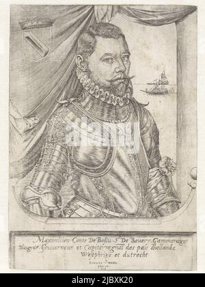 Portrait of Maximilian de Hennin, Count of Bossu, in armor. In the background a ship at sea. Top left his coat of arms. In the margin a three-line caption in Latin., Portrait of Maximilian de Hennin, Count of Bossu, print maker: Paulus van Wtewael, (mentioned on object), Northern Netherlands, 1573, paper, engraving, h 190 mm × w 135 mm Stock Photo