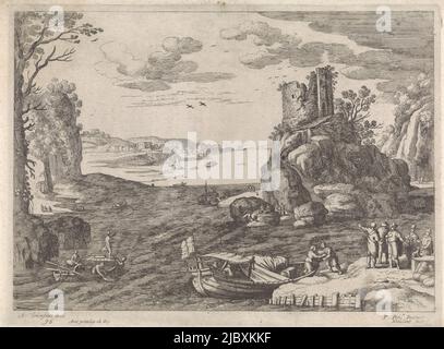 A boat is docked in a bay, from which ship cargo is being loaded. On the left a fishing boat. On the right, a ruin stands on a rock. Print from a series of Italian landscapes, Several ships in a bay Italian landscapes (series title), print maker: Willem van Nieulandt (II), (mentioned on object), Paul Bril, (mentioned on object), publisher: Antoine Bonenfant, (mentioned on object), Antwerp, 1594 - 1635, paper, etching, h 233 mm × w 314 mm Stock Photo