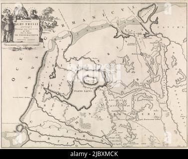 Map marked lower right: Tab. V., Historical map of the Netherlands with the areas of the Batavians and Frisians V Descriptio Agri Frisii Antiqui , print maker: Jan Luyken, publisher: Henricus Wetstein, Amsterdam, 1697, paper, etching, h 342 mm × w 429 mm Stock Photo
