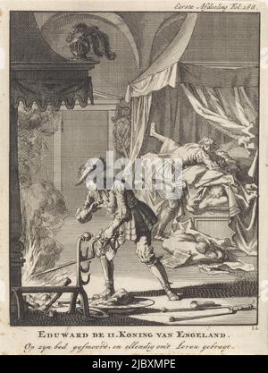 Print marked top right: First Section Fol: 268., Edward II of England murdered in his bedroom, 1327 Edward the II King of England Smothered on his bed, and miserably killed , print maker: Jan Luyken, (mentioned on object), publisher: Jan Claesz ten Hoorn, Amsterdam, 1698, paper, etching, h 194 mm × w 147 mm Stock Photo