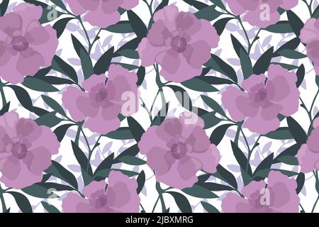 Vector floral seamless pattern. Lilac flowers with green twigs and leaves on a white background. Stock Vector