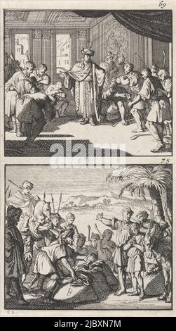 Two representations of a plate. Numbered top right: 69 and 75., Joseph receives his brothers / Joseph's cup found in Benjamin's grain sack, print maker: Caspar Luyken, (mentioned on object), publisher: Barent Visscher, publisher: Andries van Damme, Amsterdam, 1698, paper, etching, h 159 mm × w 89 mm Stock Photo