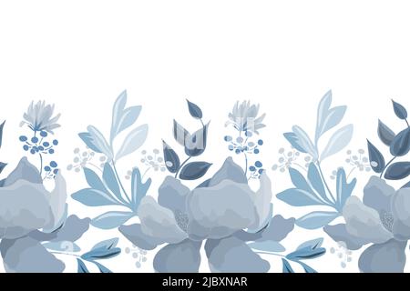 Vector floral seamless pattern, border. Horizontal panoramic illustration with blue flowers isolated on a white background. Stock Vector