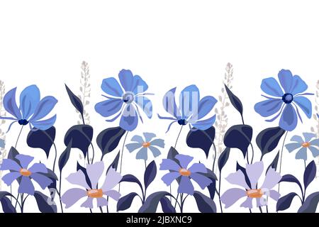 Vector floral seamless pattern, border. Horizontal panoramic illustration with blue flowers isolated on a white background.  Stock Vector
