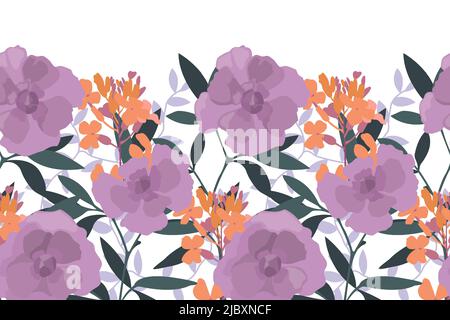 Vector floral seamless pattern, border. Horizontal panoramic illustration with orange and lilac flowers. Stock Vector