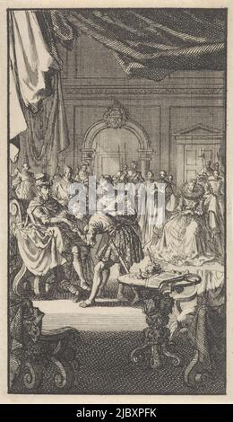 Transfer of the Spanish Netherlands by Philip II to Isabella Clara Eugenia, infante of Spain, September 10, 1597. Interior with Isabella Clara Eugenia, infante of Spain and Philip II on his throne, a man bows to him and kisses his hand, Handover of the Spanish Netherlands by Philip II to Isabella Clara Eugenia, infante of Spain, 1597, print maker: Jan Luyken, Amsterdam, 1699, paper, etching, h 134 mm × w 79 mm Stock Photo
