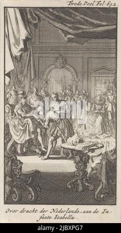 Handover of the Spanish Netherlands by Philip II to Isabella Clara Eugenia, infante of Spain, September 10, 1597. Interior with Isabella Clara Eugenia, infante of Spain and Philip II on his throne, a man bows to him and kisses his hand, Transfer of the Spanish Netherlands by Philip II to Isabella Clara Eugenia, infante of Spain, 1597 Transfer of the Netherlands, to the Infante Isabella , print maker: Jan Luyken, bookseller: Engelbrecht Boucquet, print maker: Amsterdam, bookseller: The Hague, 1699, paper, etching, h 146 mm × w 80 mm Stock Photo