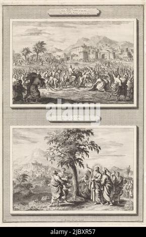 Two representations on a plate. Top: Christ, seated on a donkey, rides into Jerusalem. Around him people are waving palm branches and laying cloaks on the ground for Christ. Below: Christ stands with his disciples near a withered fig tree. He explains to his apostles that he has cursed the tree because it has given him no fruit., Entry into Jerusalem and Christ and the Sign of the Fig Tree Matth. XXI vs.1: Christ Inryding at Jerusalem / Matth. XXI vs.19: Christ Cursing anen Vygeboom , print maker: Jan Luyken, (mentioned on object), publisher: Pieter Mortier (I), (mentioned on object Stock Photo