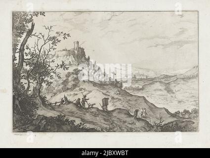 Mountain landscape with hikers and shepherds. On the left on a hill a walled city with a castle. Through the valley flows a river in which two fishermen have cast their rods, Mountain landscape with hikers and shepherds Landscape with the fall of Icarus, print maker: Claes Jansz. Visscher (II), (mentioned on object), Gerard van der Horst, (mentioned on object), publisher: Claes Jansz. Visscher (II), (mentioned on object), Amsterdam, 1610 - 1652, paper, etching, engraving, h 192 mm × w 293 mm Stock Photo