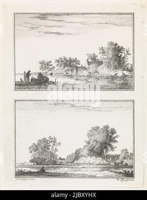 Two landscapes one below the other on one plate. In the upper landscape, on the left, a man in a docked sloop and two men on the bank. Across the water, houses and trees. In the lower landscape on the left in the foreground a man sitting by the water. Across the water the roofs of houses and trees, on the right three cows, Two water landscapes, print maker: Robbert Muys, (mentioned on object), Jan van Goyen, (mentioned on object), Rotterdam, 1761, paper, etching, h 215 mm × w 165 mm Stock Photo