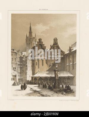 In a square, women sit and stand near a water pump. Behind them covered market stalls in front of two buildings with a bell and a stepped gable. Behind them a church tower. Square with market and water pump, print maker: Petrus Gerardus Vertin, (mentioned on object), Petrus Gerardus Vertin, (mentioned on object), printer: Koninklijke Nederlandse Steendrukkerij van C.W. Mieling, (mentioned on object), The Hague, 1847 - 1865, paper, h 532 mm × w 351 mm Stock Photo